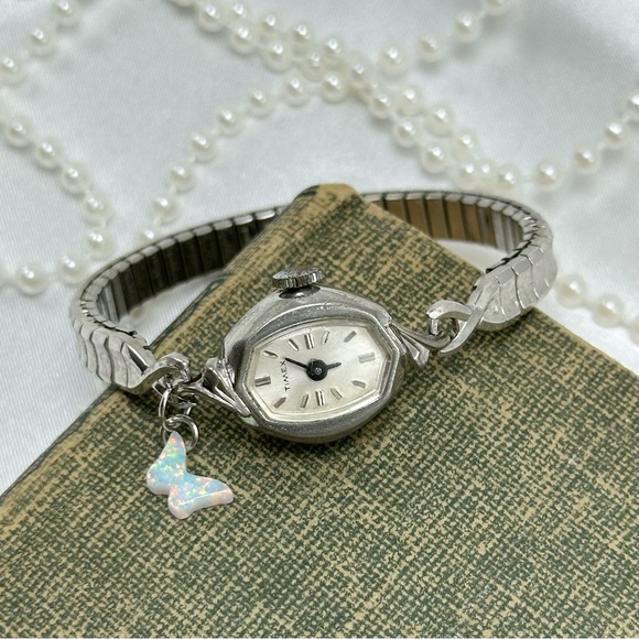 Silver Wind-Up Timex Watch with Opal Butterfly Charm